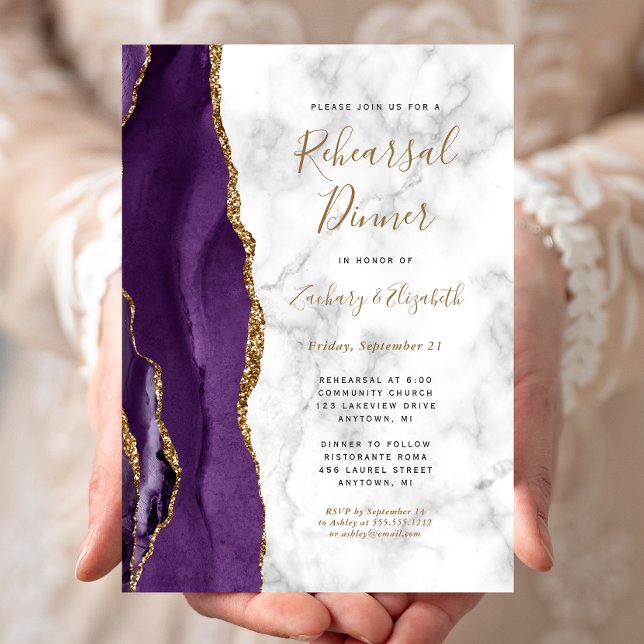 Invitación Ensayo de Boda de mármol de oro morado (Subido por el creador)