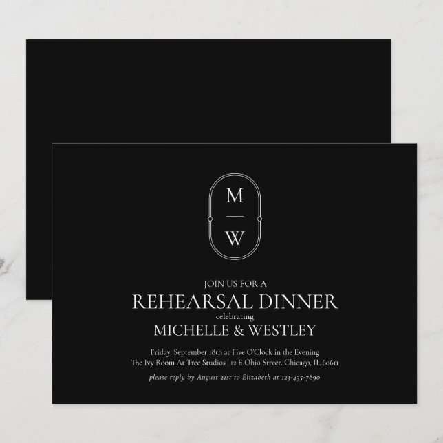 Invitación Ensayo de Boda de monograma minimalista Cena (Anverso / Reverso)