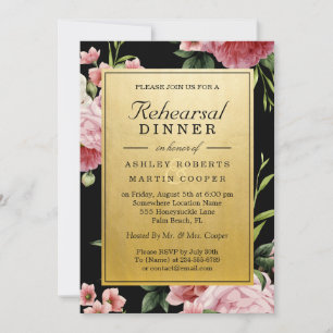 Invitación Ensayo de Boda de oro negro floral vintage