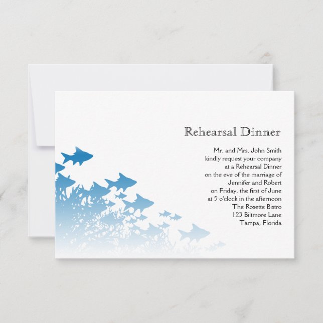 Invitación Ensayo de Boda de pescado azul y coral (Anverso)