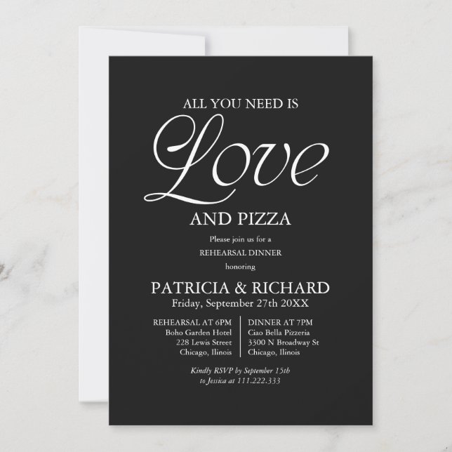 Invitación Ensayo de Boda de Pizza Negra Moderna (Anverso)