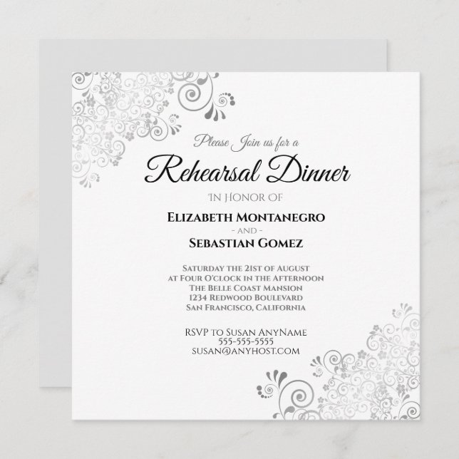 Invitación Ensayo de Boda de plaza filigrí plateado (Anverso / Reverso)