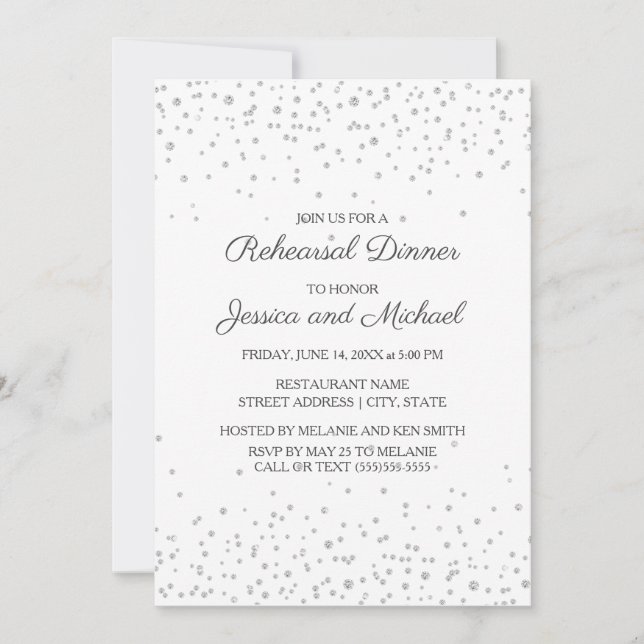 Invitación Ensayo de Boda de Purpurina de diamantes de plata  (Anverso)