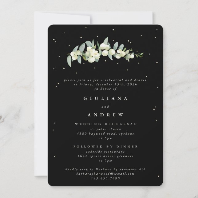 Invitación Ensayo de Boda de Snowberry+Eucalipto Negro (Anverso)