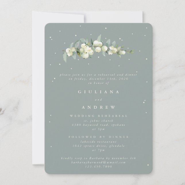 Invitación Ensayo de Boda de Snowberry + Eucalyptus (Anverso)