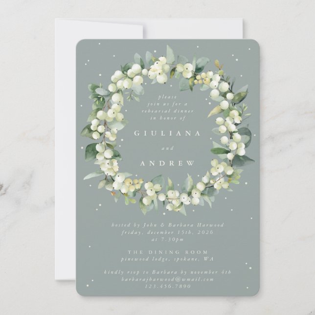 Invitación Ensayo de Boda de Snowberry + Eucalyptus (Anverso)