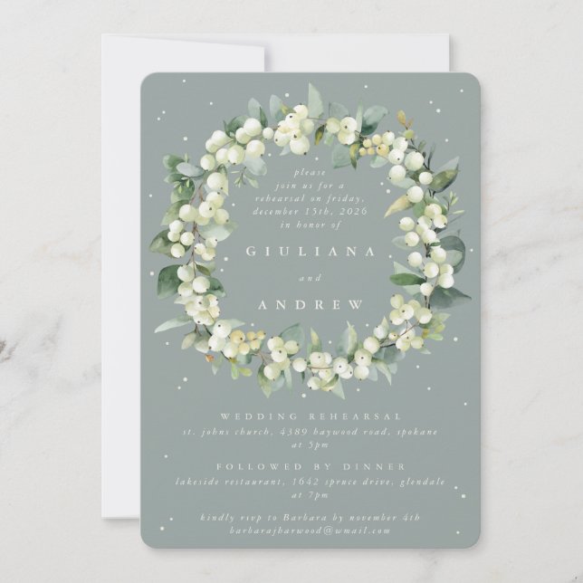Invitación Ensayo de Boda de Snowberry + Eucalyptus (Anverso)