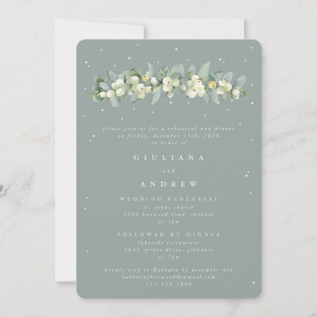 Invitación Ensayo de Boda de Snowberry + Eucalyptus (Anverso)