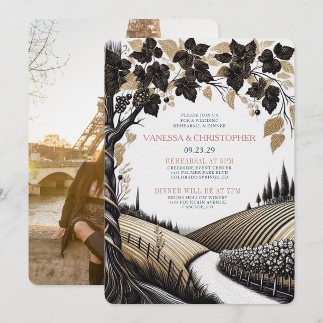 Invitación Ensayo de Boda en Viñedo Rústico (Anverso / Reverso)