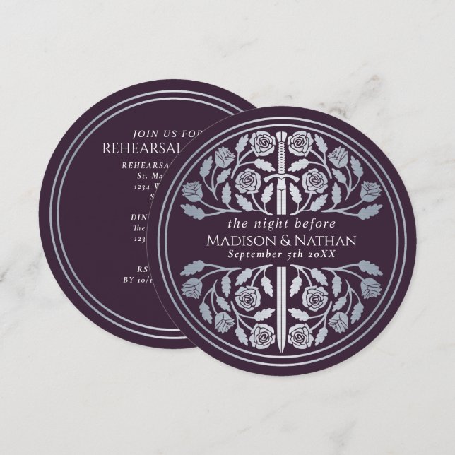 Invitación Ensayo de Boda Espada de Plata de Berenjena (Anverso / Reverso)