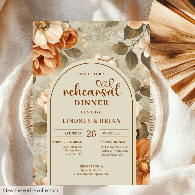 Invitación Ensayo de Boda Floral Beige Oxidado Romántico Salv (Romantic Rusty Beige Olive Floral Wedding Rehearsal Invitation)