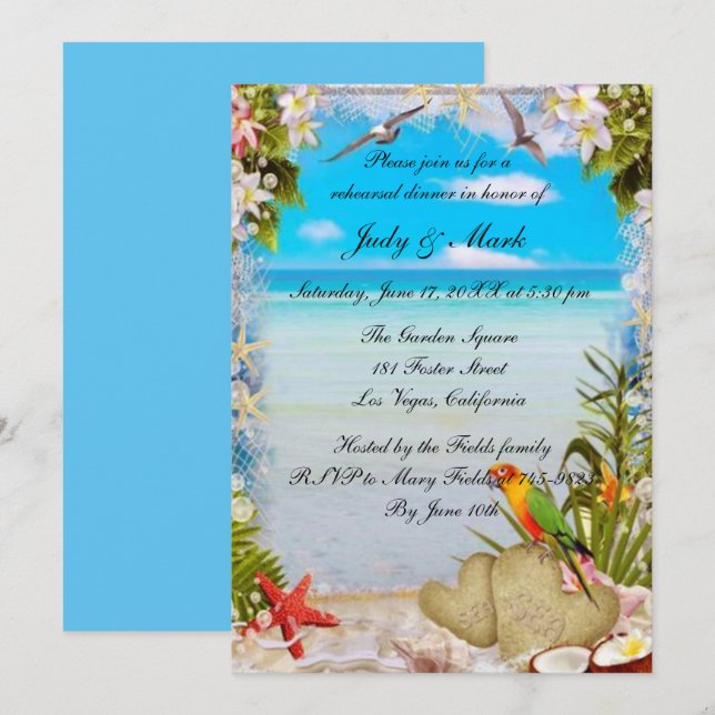 Invitación Ensayo de Boda floral de playa tropical Cena (Anverso / Reverso)