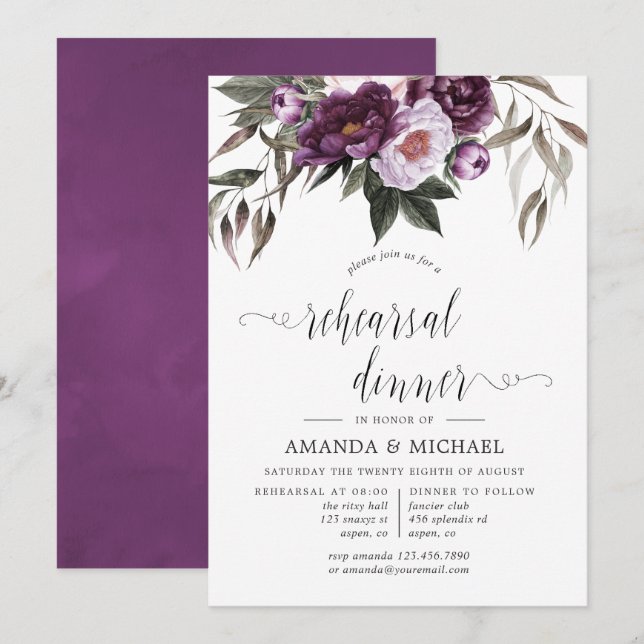 Invitación Ensayo de Boda floral de terciopelo profundo (Anverso / Reverso)