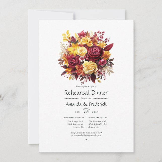 Invitación Ensayo de Boda floral marrón y amarillo para la ce (Anverso)