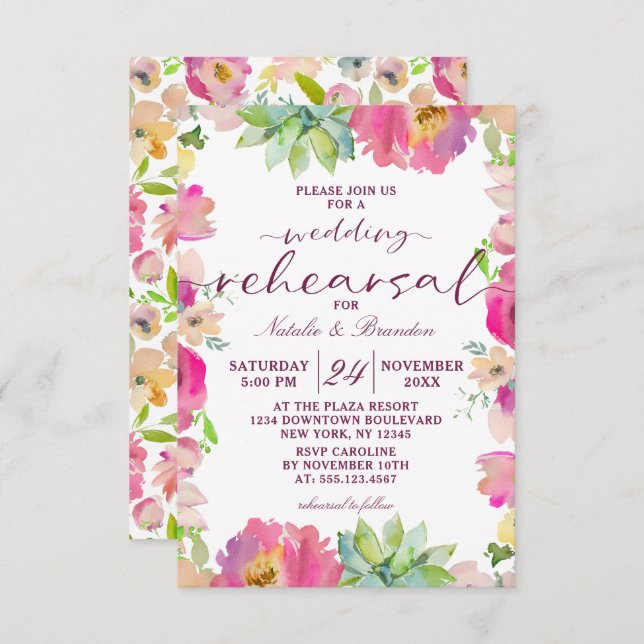 Invitación Ensayo de Boda floral rosa de Moda en flor (Anverso / Reverso)