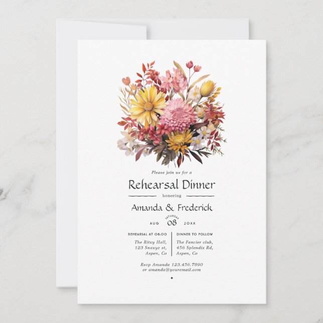 Invitación Ensayo de Boda floral rosa y amarillo (Anverso)