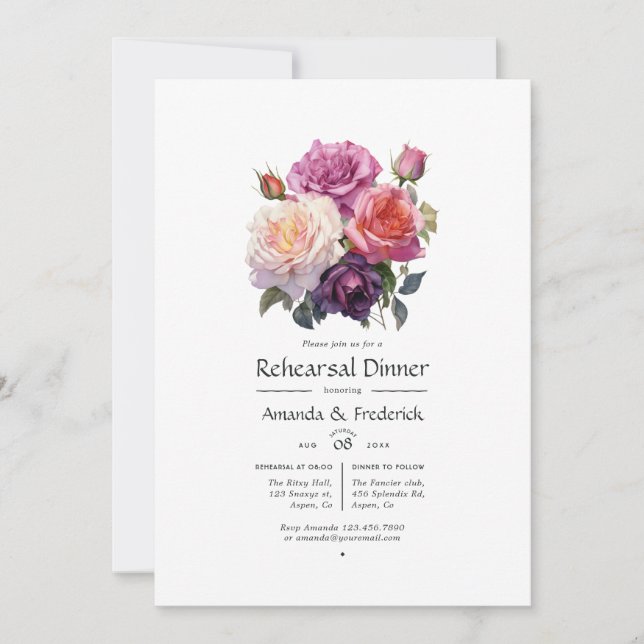 Invitación Ensayo de Boda floral rosa y púrpura (Anverso)