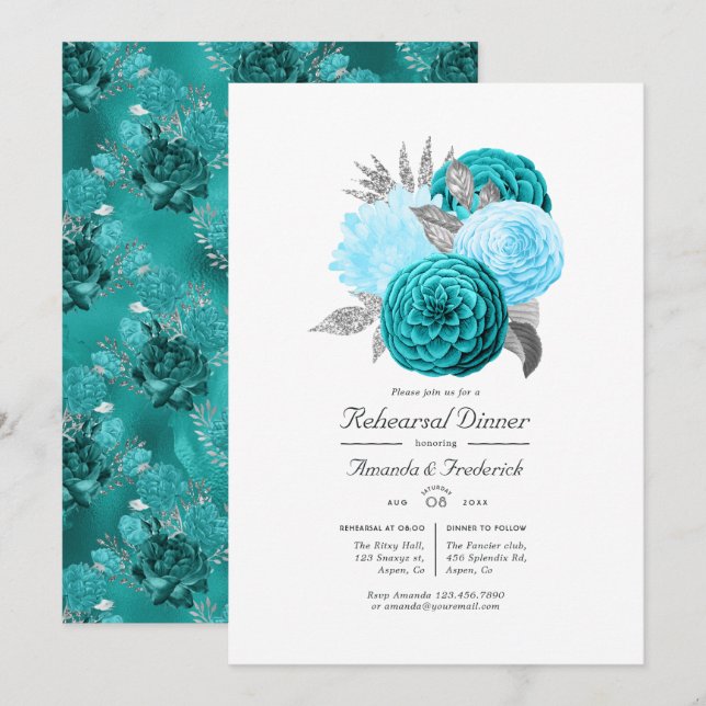 Invitación Ensayo de Boda floral verde azulado y plateado (Anverso / Reverso)