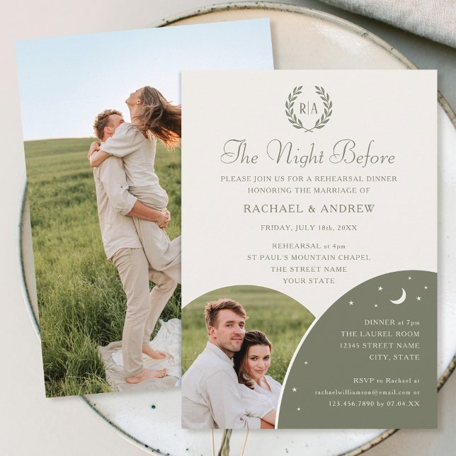 Invitación Ensayo de boda Foto Monograma Verde sabio (Subido por el creador)