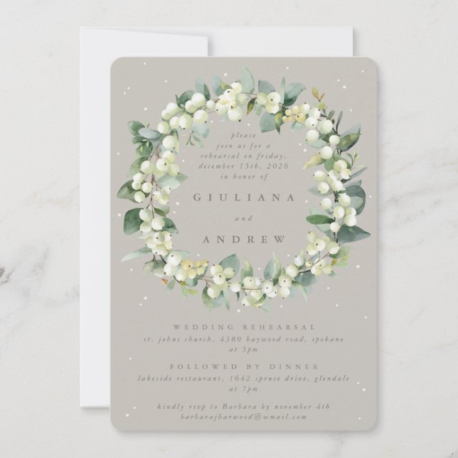 Invitación Ensayo de Boda Greige Snowberry+Eucalipto (Anverso)