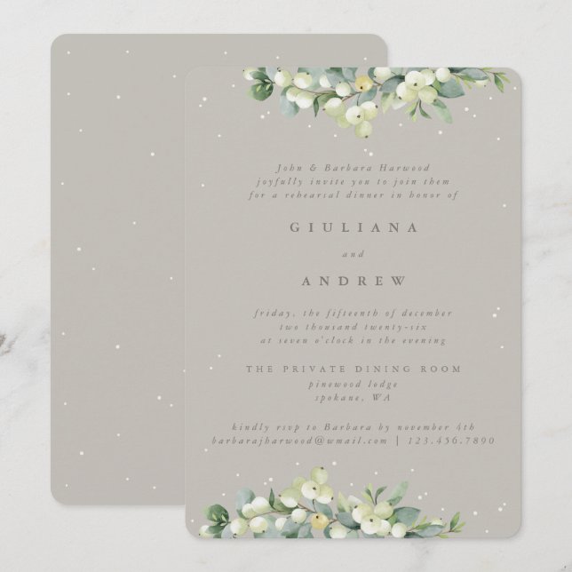 Invitación Ensayo de Boda Greige Snowberry+Eucalyptus (Anverso / Reverso)