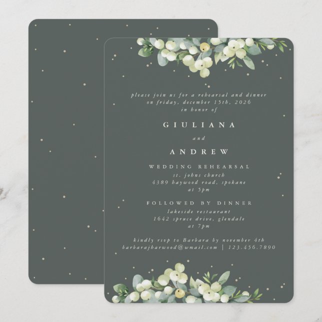 Invitación Ensayo de Boda Gris Verde+Invitación de Cena (Anverso / Reverso)