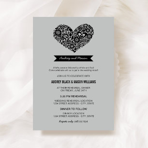 Invitación Ensayo de Boda Gris Vintage Corazón Negro Cena