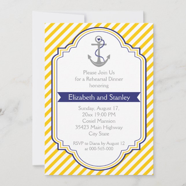Invitación Ensayo de boda náutico amarillo anchor (Anverso)