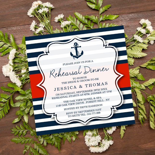 Invitación Ensayo de Boda Náutico de franja naval Cena (Subido por el creador)