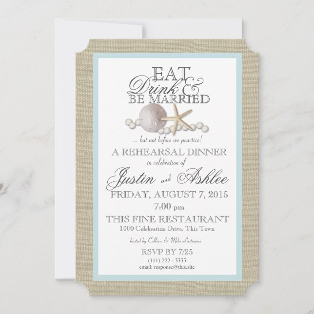 Invitación Ensayo de Boda Pearl y Dólar de Arena para Bebida (Anverso)