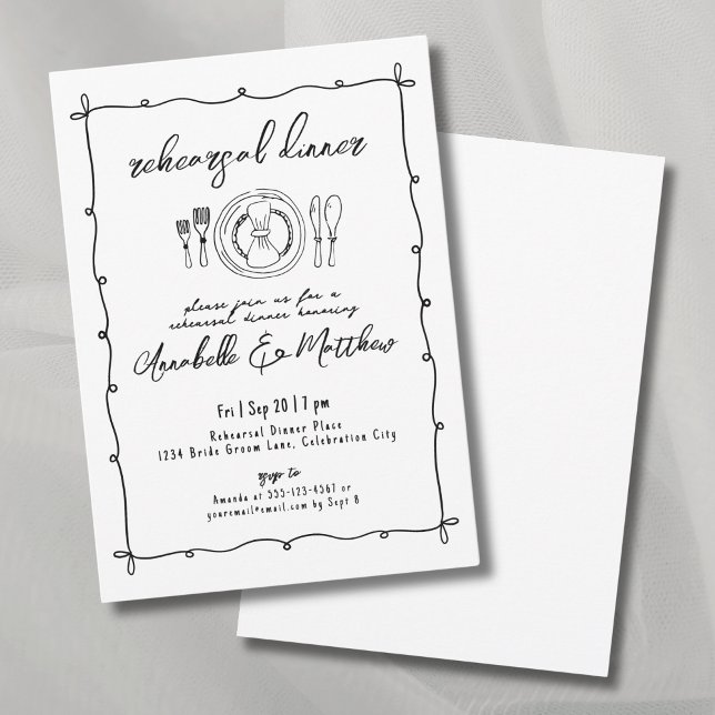 Invitación Ensayo de Boda quirky con mano (Hand Drawn Quirky Wedding Rehearsal Dinner Invitation)