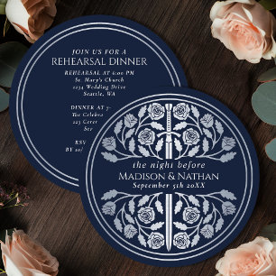 Invitación Ensayo de Boda Real con Espada de Plata Azul