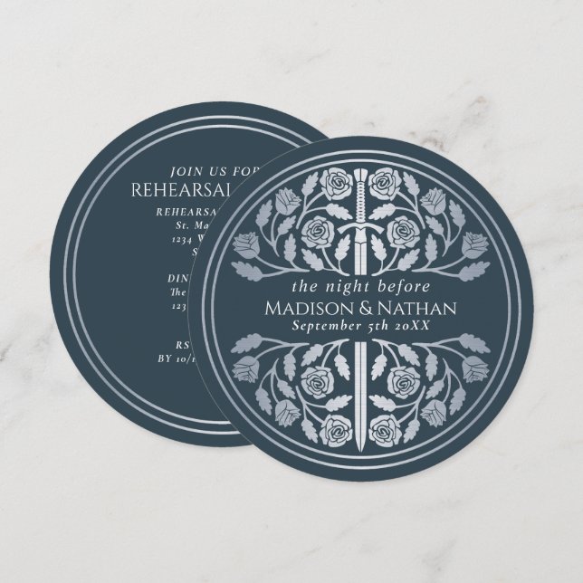 Invitación Ensayo de Boda Real con Espada de Plata Gris (Anverso / Reverso)