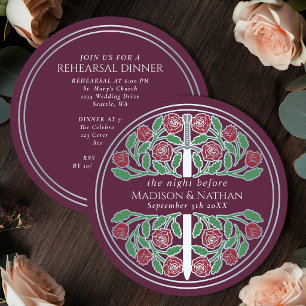 Invitación Ensayo de Boda Real con Espada de Plata Malva