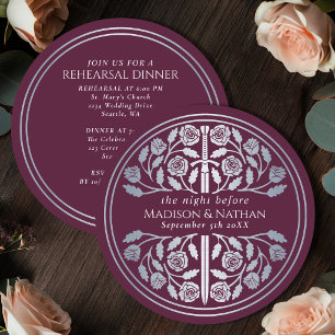 Invitación Ensayo de Boda Real con Espada de Plata Malva