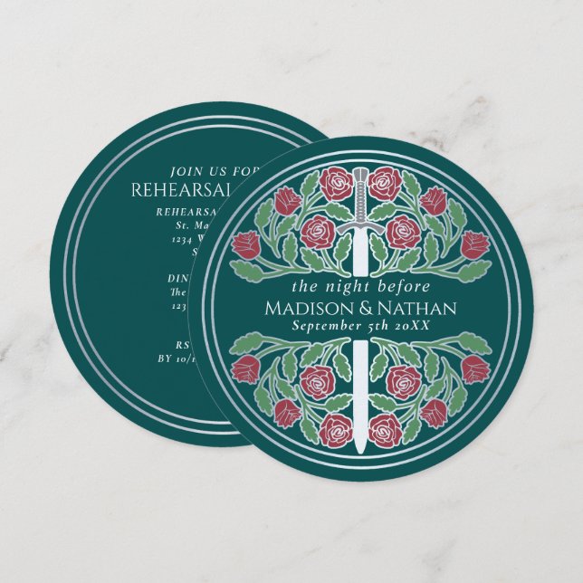 Invitación Ensayo de Boda Real con Espada de Plata Verde Teal (Anverso / Reverso)