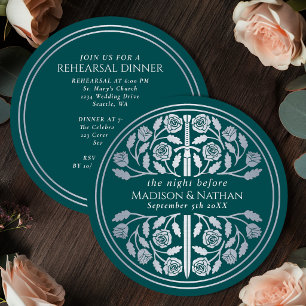 Invitación Ensayo de Boda Real con Espada de Plata Verde Teal