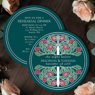 Invitación Ensayo de Boda Real con Espada de Plata Verde Teal