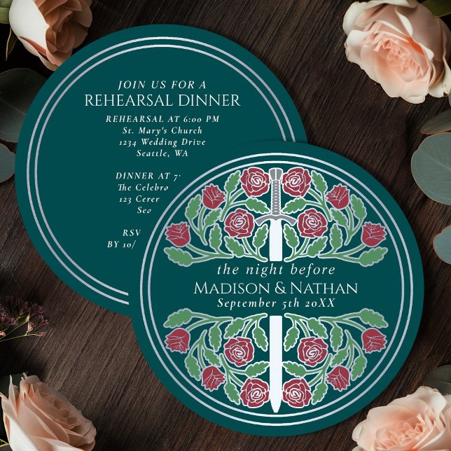 Invitación Ensayo de Boda Real con Espada de Plata Verde Teal (Subido por el creador)