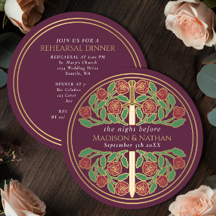 Invitación Ensayo de Boda Real Espada Floral Dorada Malva