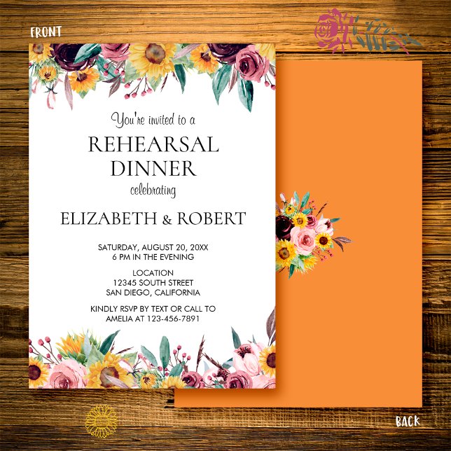 Invitación Ensayo de Boda Rústico Naranja Quemado con Girasol (Subido por el creador)