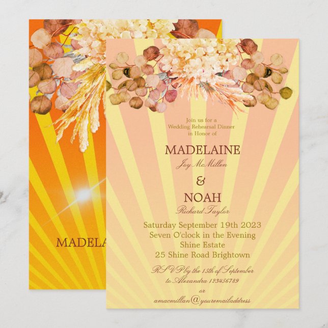 Invitación Ensayo de Boda solar con Naranja quemado por flore (Anverso / Reverso)