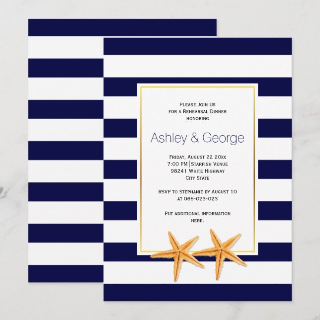 Invitación Ensayo de boda Starfish & stripes beach (Anverso / Reverso)