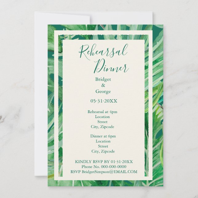Invitación ensayo de boda tropical de vegetación esmeralda (Anverso)