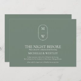 Invitación Ensayo de Boda verde monograma Cena