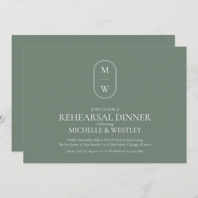 Invitación Ensayo de Boda verde monograma Cena (Anverso / Reverso)