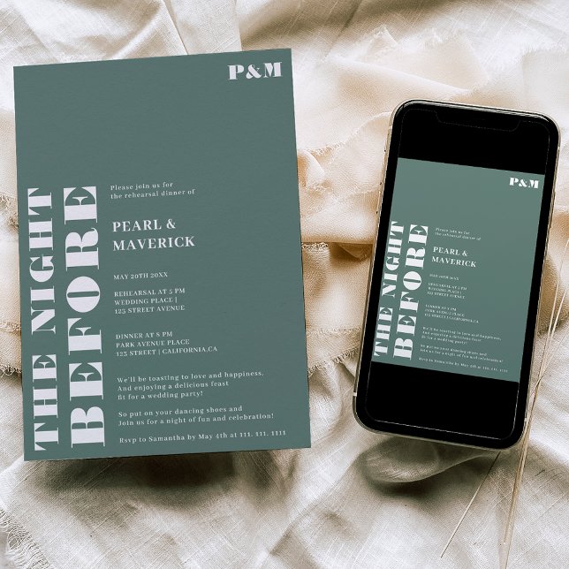 Invitación Ensayo de boda verde sabio y audaz (Subido por el creador)