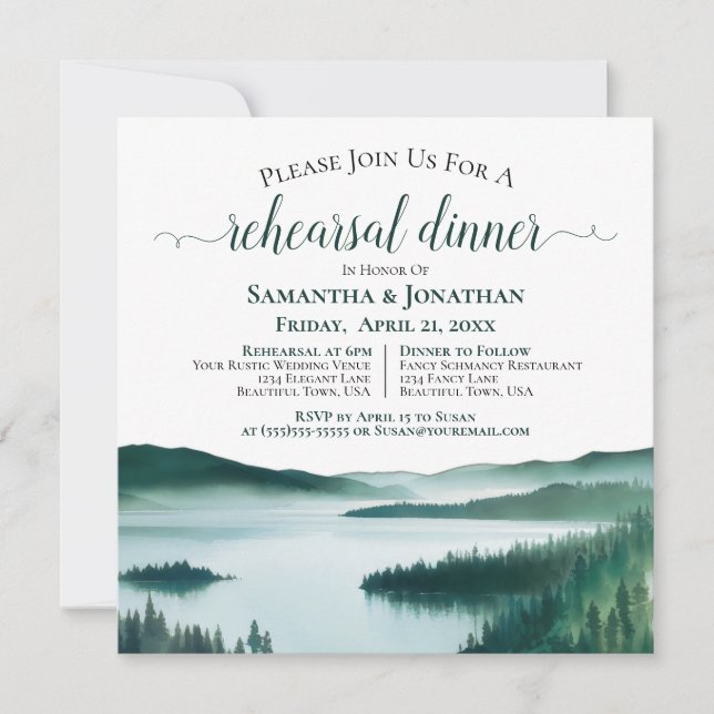 Invitación Ensayo de Boda y Cena en Lago de Montaña Tranquilo (Anverso)