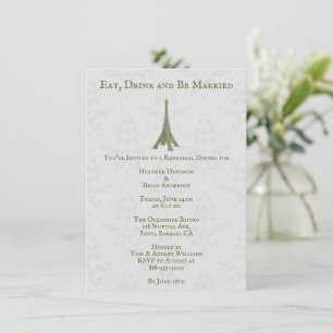 Invitación Ensayo de bodas de la Torre Eiffel Verde Damask