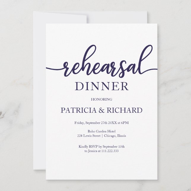 Invitación Ensayo de caligrafía blanca azul de la Marina Cena (Anverso)
